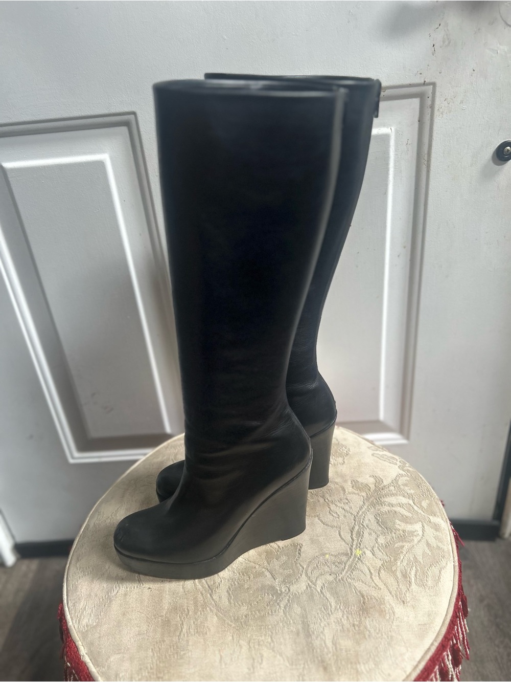 Christian Loubotin Black Tall Smooth chunky wedge platform Leather boots Sz 38 - Picture 4 of 15